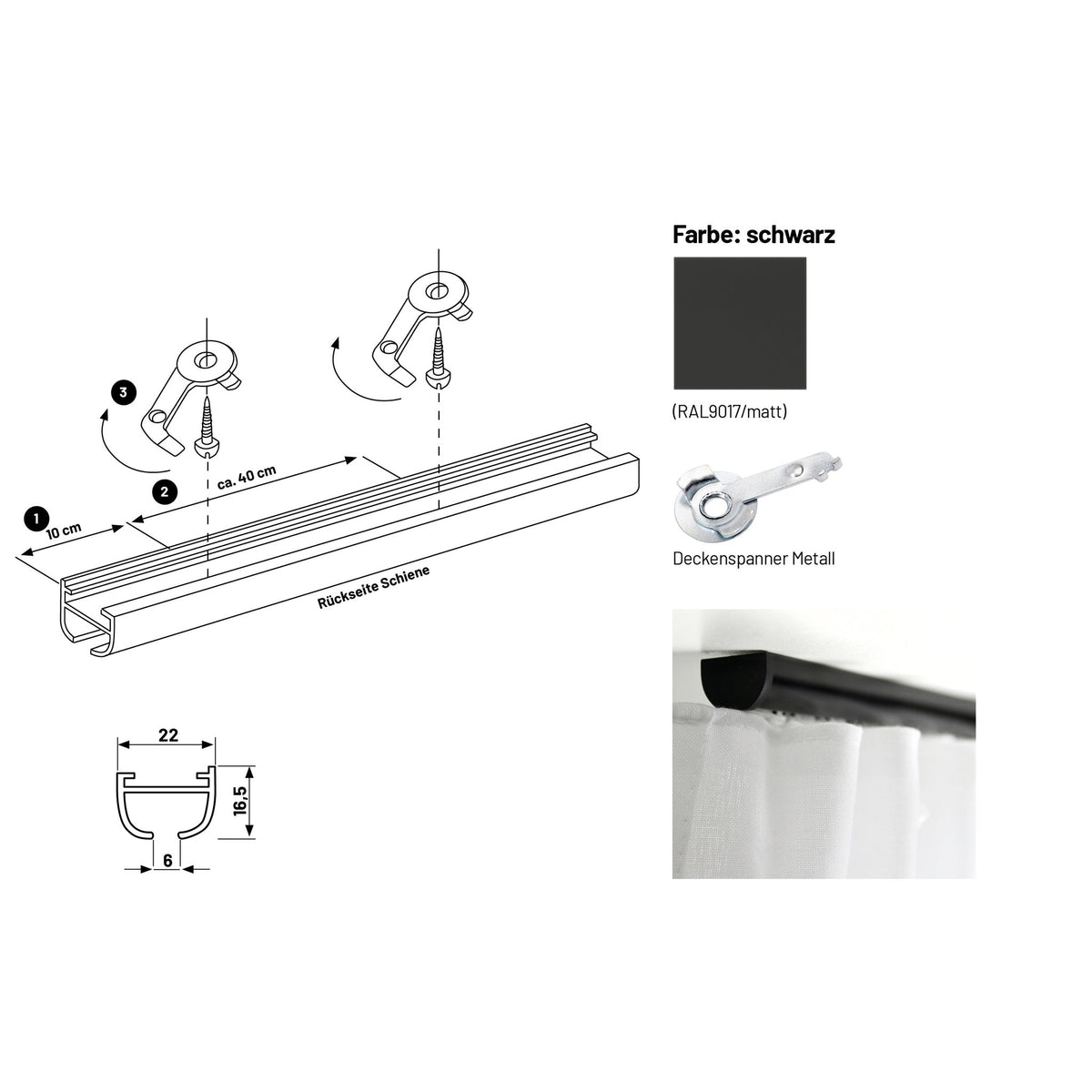 Gardinenschiene Innenlauf Round Schwarz