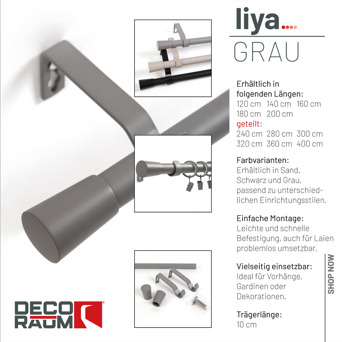 Curtain rod 19mm 1-track grey with cone complete set - Liya series