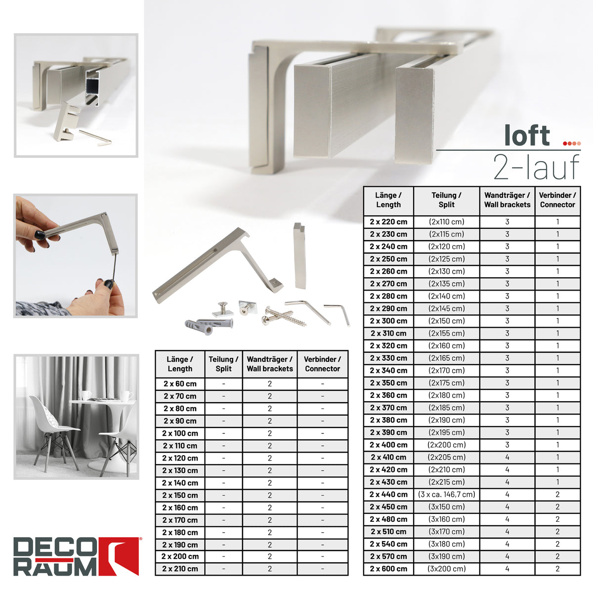 Gardinenschiene Innenlauf auf Maß 2-läufig Edelstahl-optik - Serie Loft
