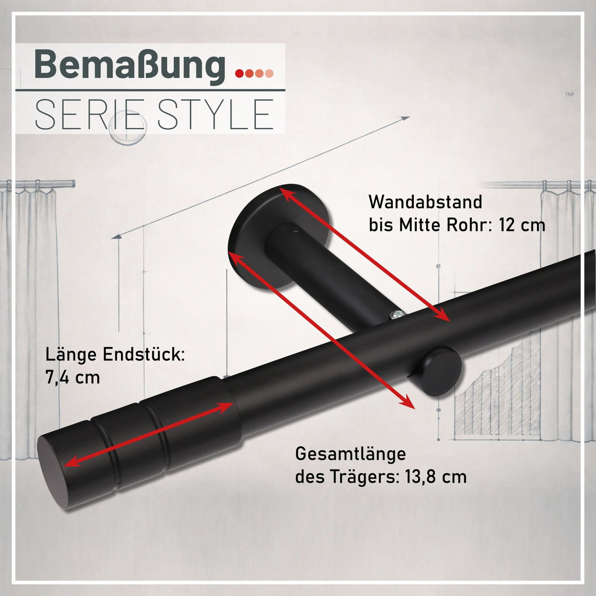Gardinenstange auf Maß 25mm 1-läufig Schwarz-matt mit Zylinder - Serie Style