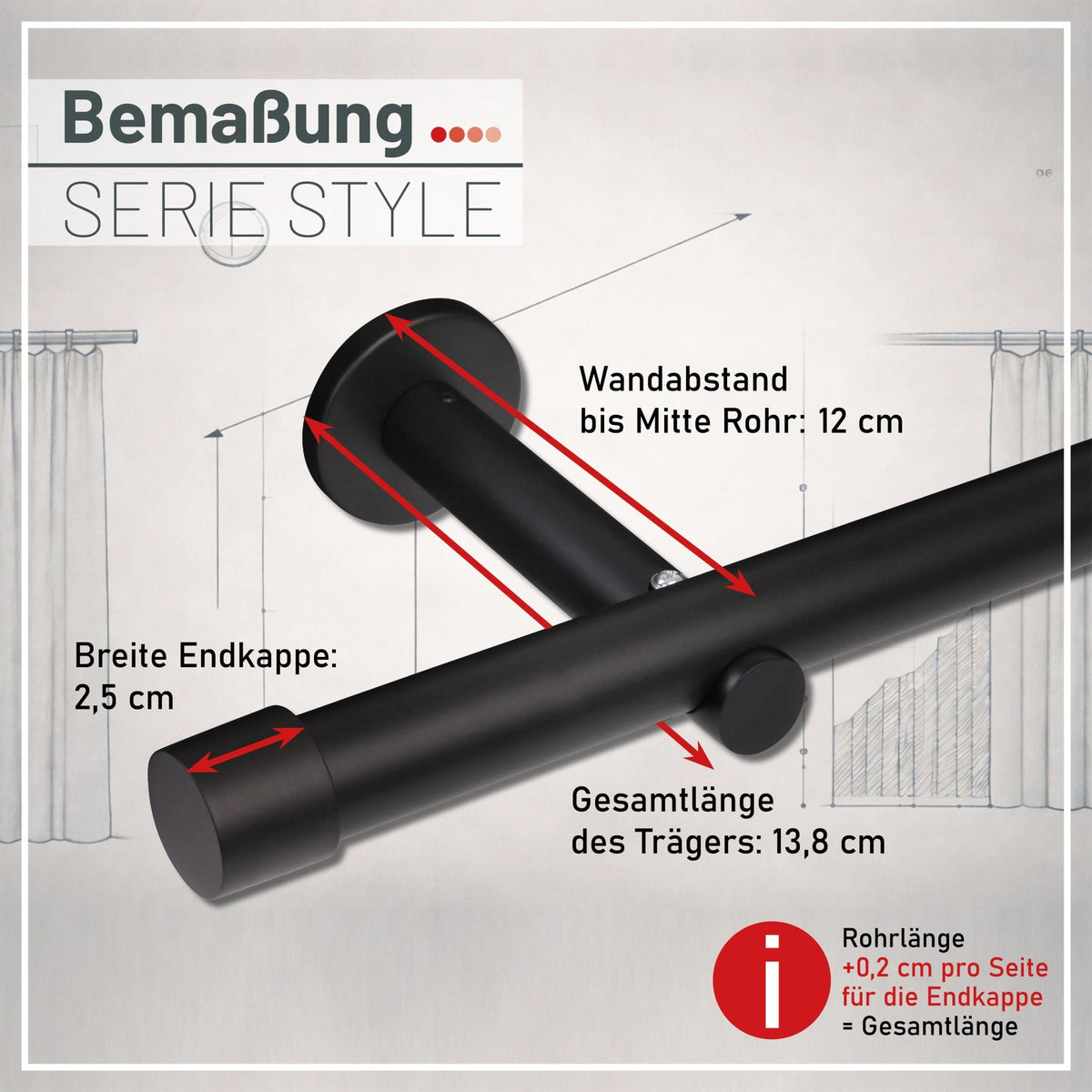 Gardinenstange auf Maß 25mm 1-läufig Schwarz-matt mit Kappe - Serie Style