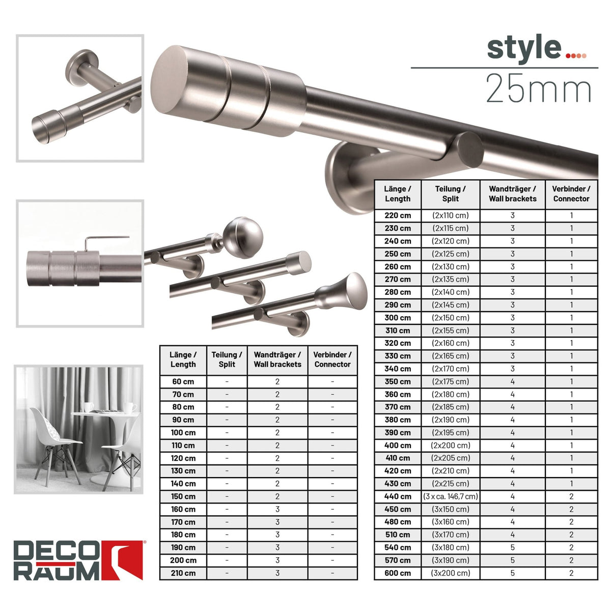 Gardinenstange auf Maß 25mm 1-läufig Edelstahl-optik mit Zylinder - Serie Style