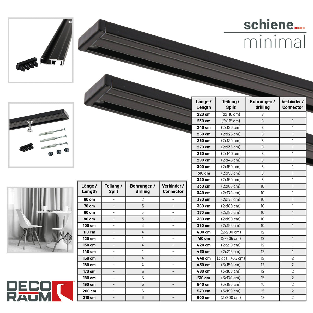 Gardinenschiene Innenlauf auf Maß 1-läufig Schwarz - Serie Minimal