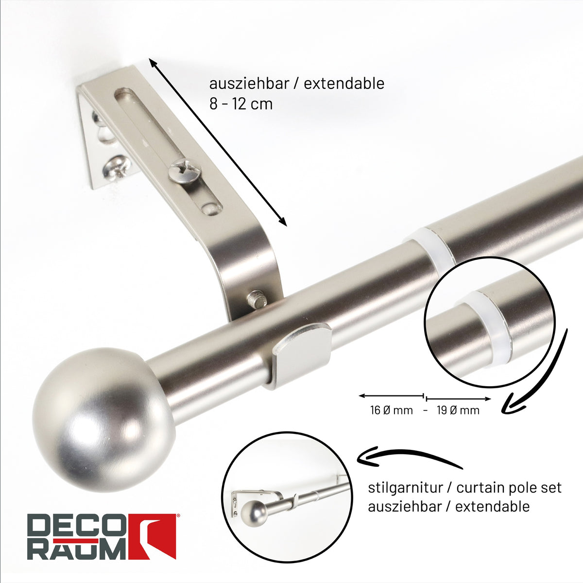 Curtain rod extendable Flexa stainless steel look end piece cap 16/19mm
