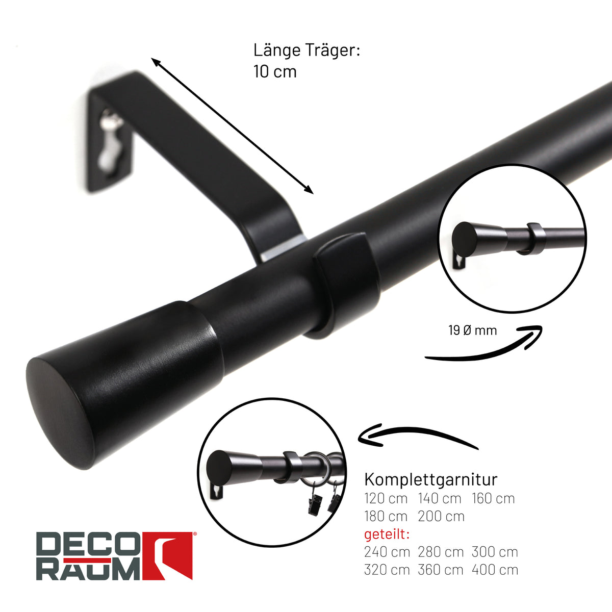 Curtain rod 19mm 1-track black with cone complete set - Liya series