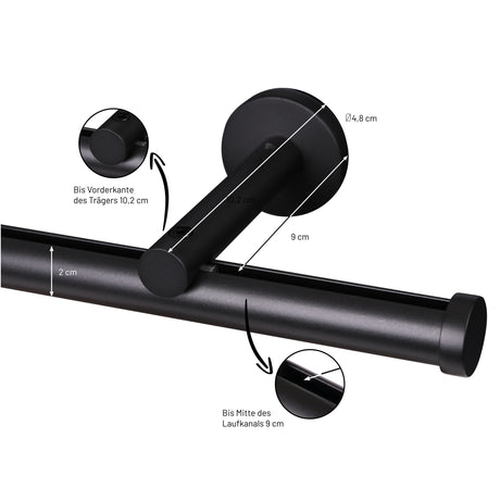 Detail Übersicht Gardinenstange Innenlauf Modern 20mm Schwarz mit Kappe - Deco-Raum®