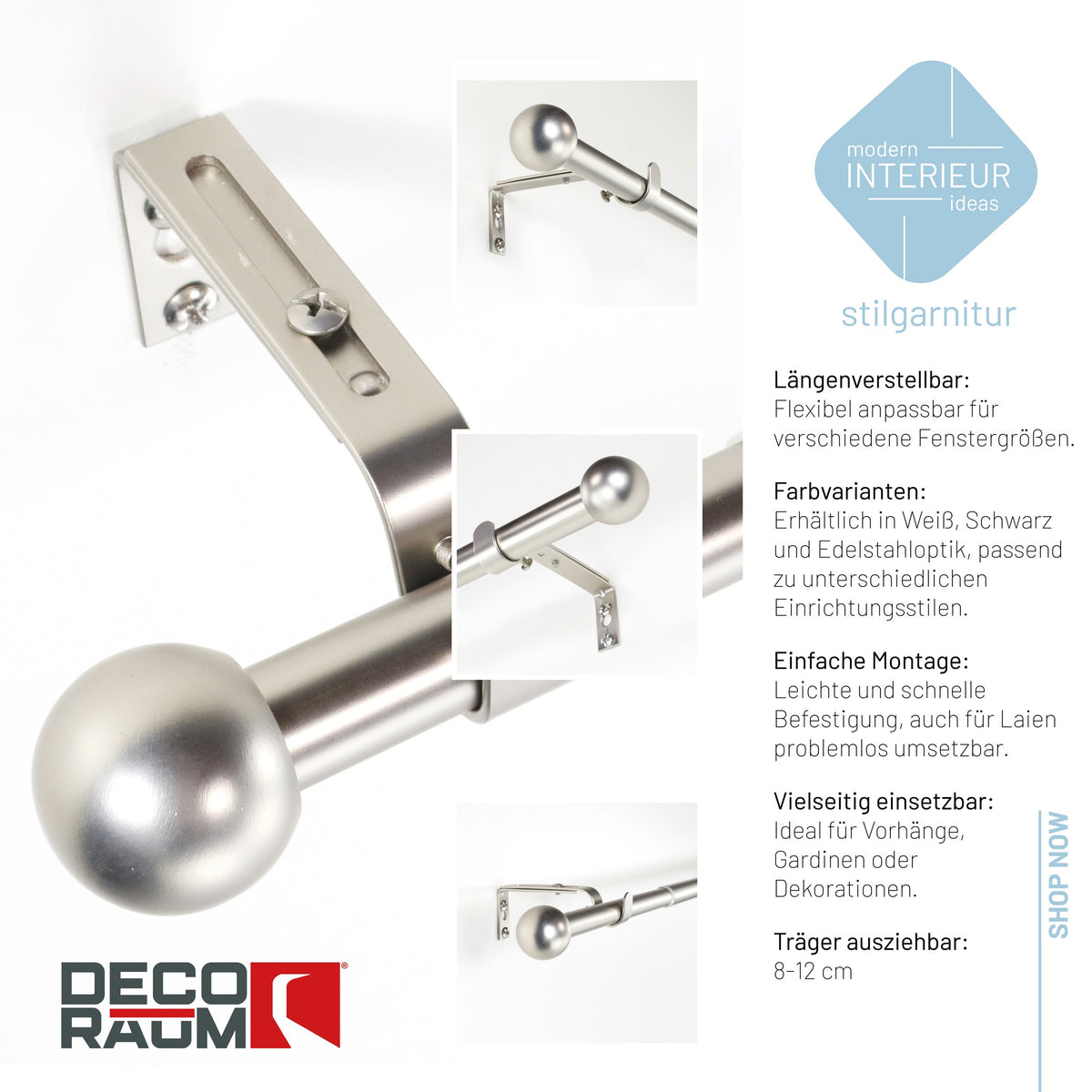 Curtain rod extendable Flexa stainless steel look end piece cap 16/19mm