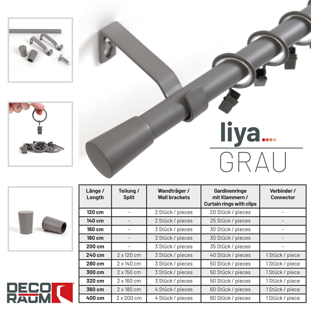 Curtain rod 19mm 1-track grey with cone complete set - Liya series