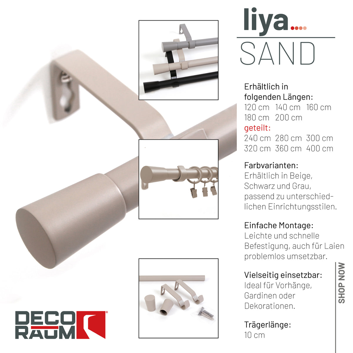 Curtain rod 19mm 1-track sand with cone complete set - Liya series