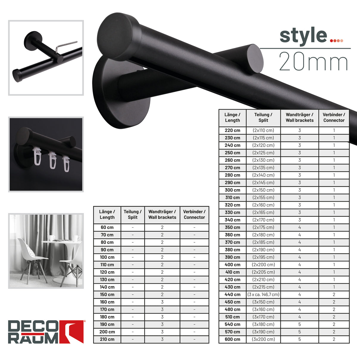 Übersicht Teilung Gardinenstange Innenlauf Modern 20mm Schwarz mit Kappe - Deco-Raum®