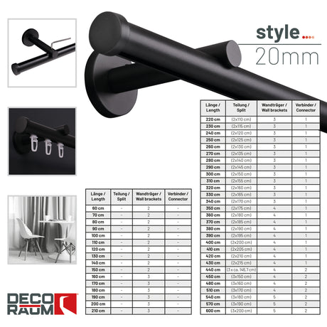Übersicht Teilung Gardinenstange Innenlauf Modern 20mm Schwarz mit Kappe - Deco-Raum®