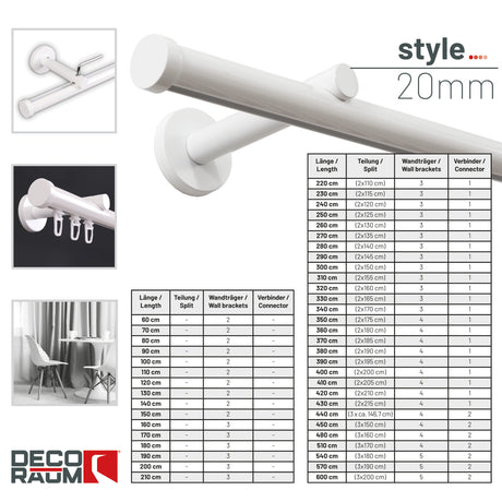 Gardinenstange Innenlauf Modern 20mm Weiß mit Kappe