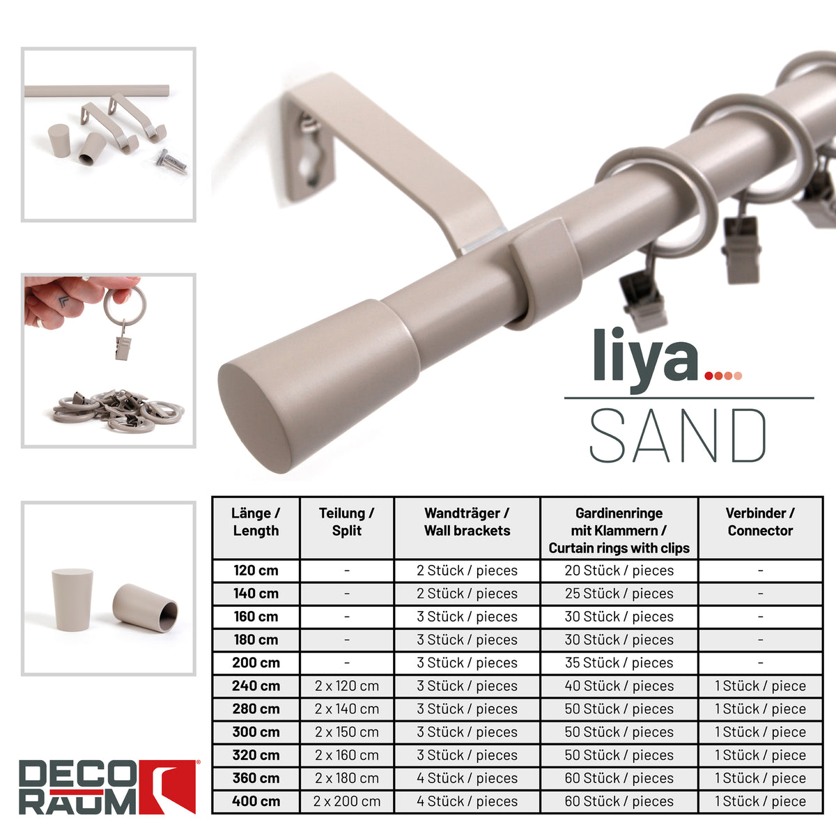 Curtain rod 19mm 1-track sand with cone complete set - Liya series