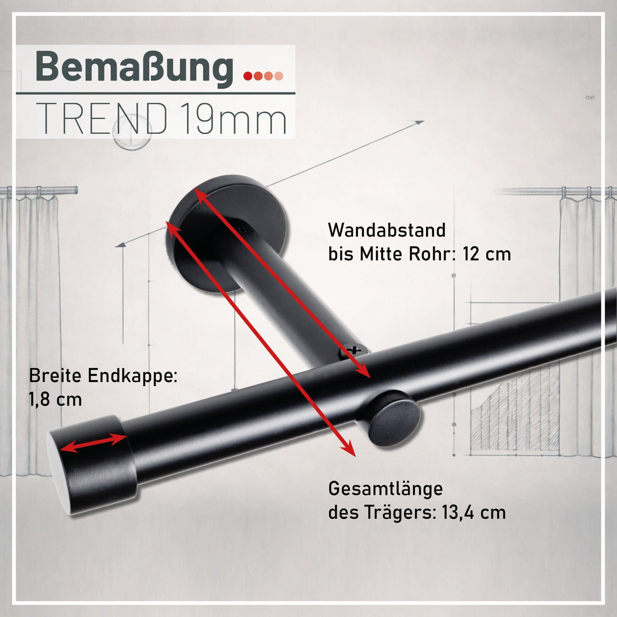 Custom-made curtain rod 25mm 1-track black matt with cap - Style series