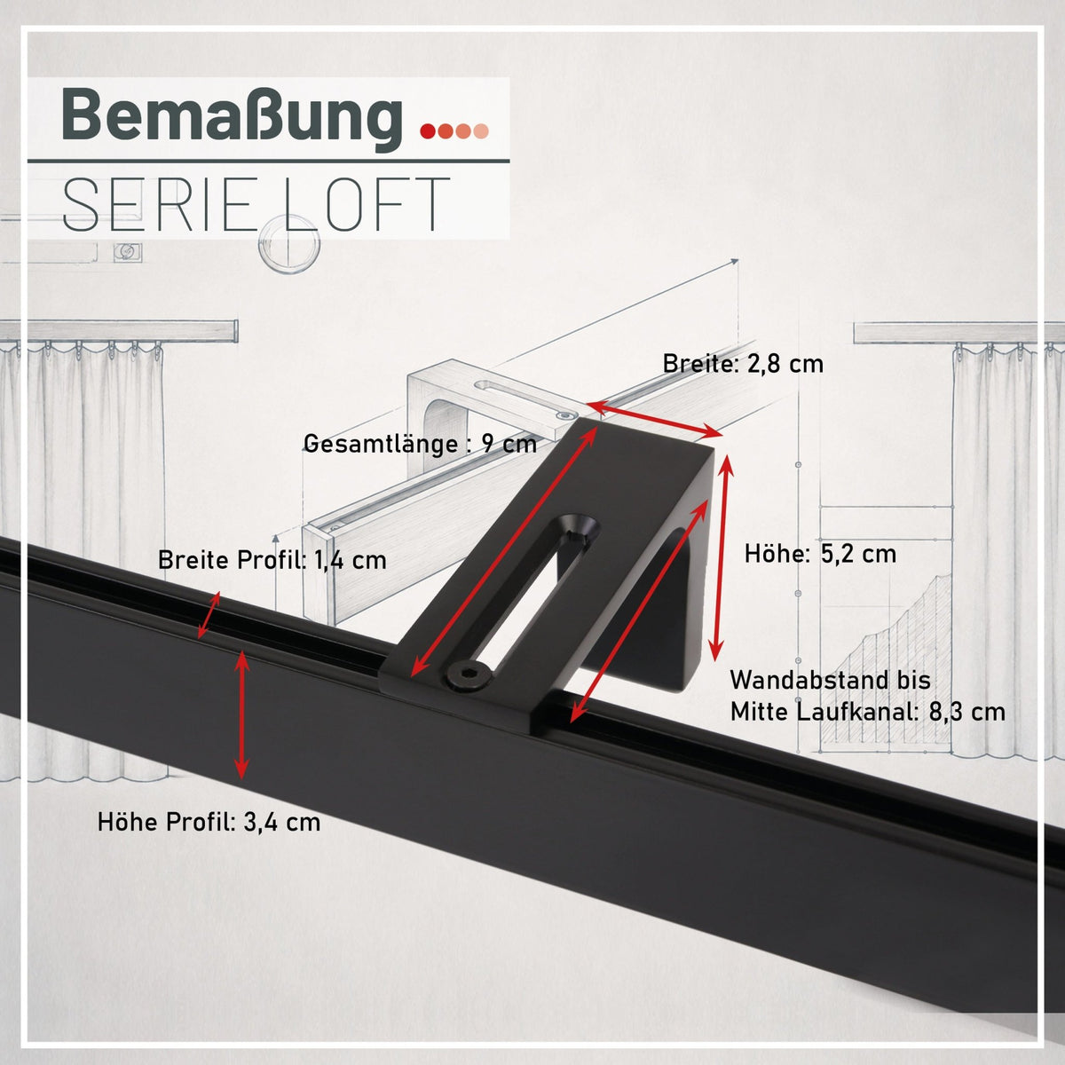 Gardinenschiene Innenlauf auf Maß 1-läufig Schwarz - Serie Loft