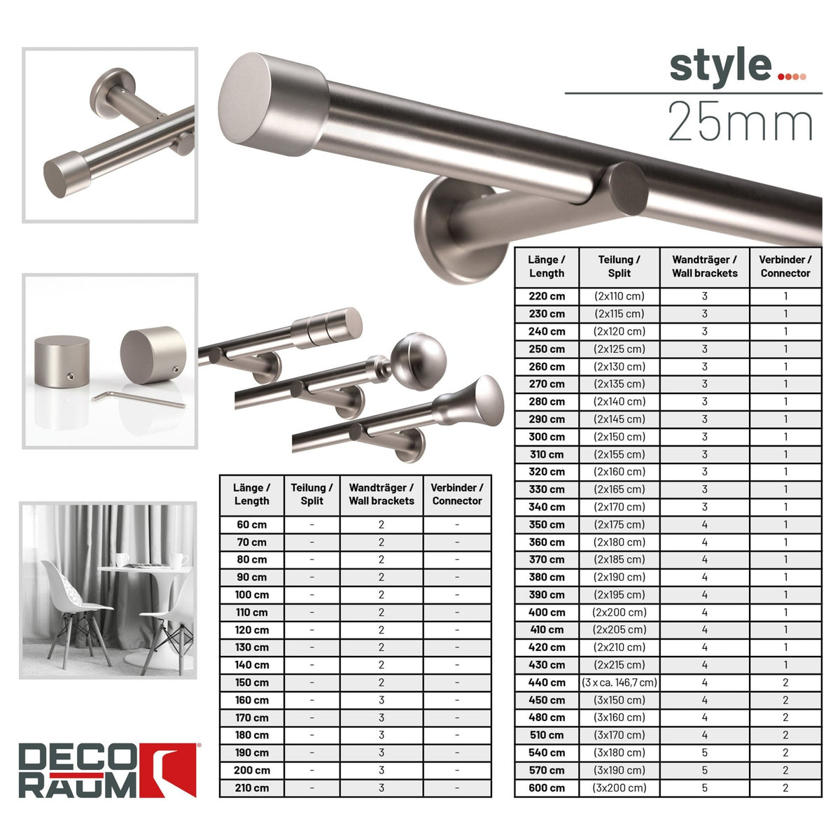 Style tringle à rideau en aspect inox embout 25mm