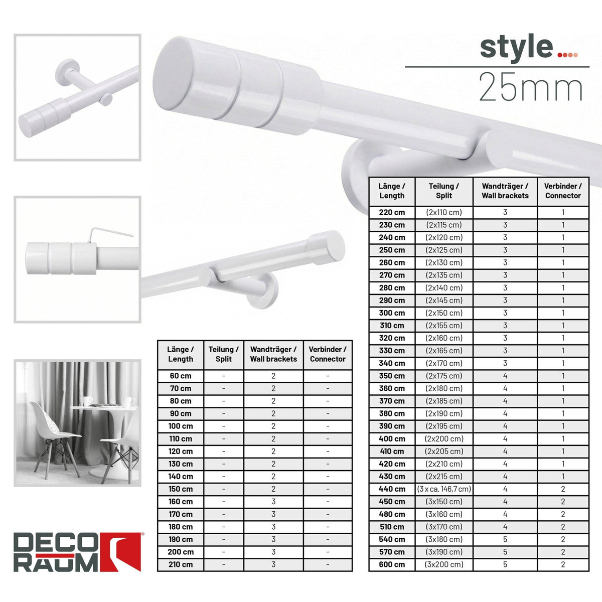 Gardinenstange auf Maß 25mm 1-läufig Weiß mit Zylinder - Serie Style
